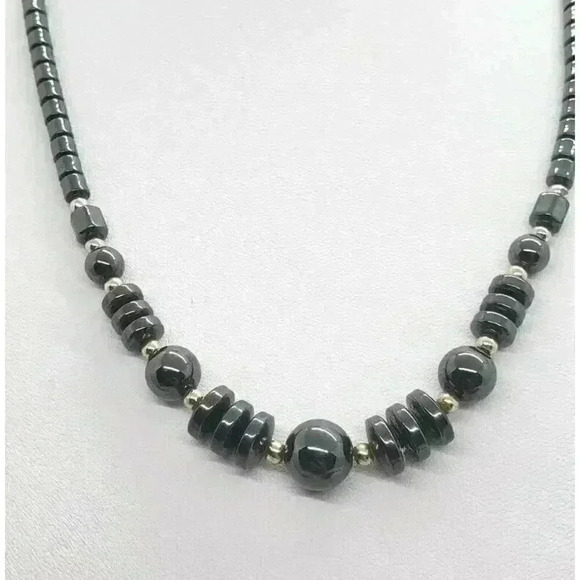 Vintage Jewelry - Vintage Necklace Hematite & Sterling Silver Beaded MCM Modernist Brutalist